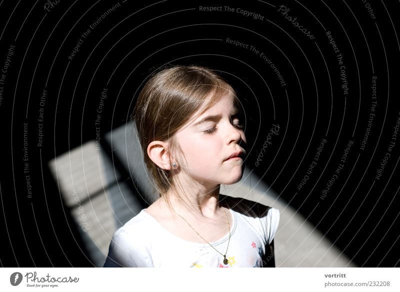 shone Child Girl 1 Human being 3 - 8 years Infancy Brunette Long-haired Stand Exceptional Black White Flashy Colour photo Exterior shot Day Light Shadow