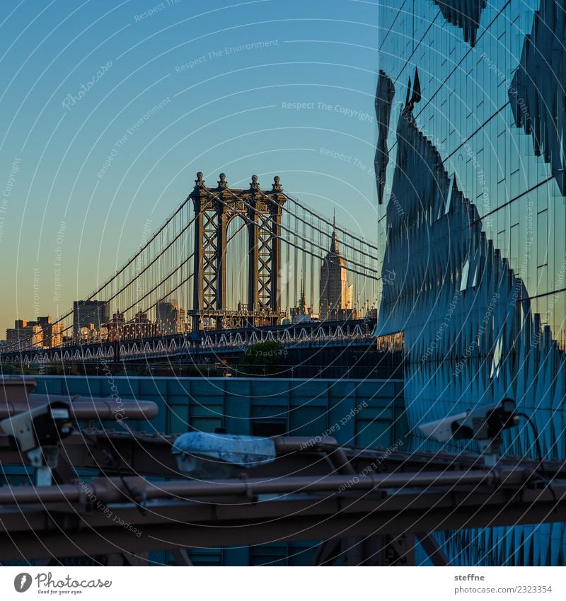 View of Manhattan Bridge from Brooklyn Tourist Attraction Landmark Town New York City Empire State building Sunrise Colour photo Exterior shot Deserted