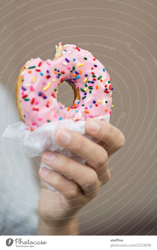 Hand holds donut Candy Nutrition To have a coffee Diet Healthy Health care Overweight Coulored sugar candy Sugar Sweet Unhealthy Donut Police Officer