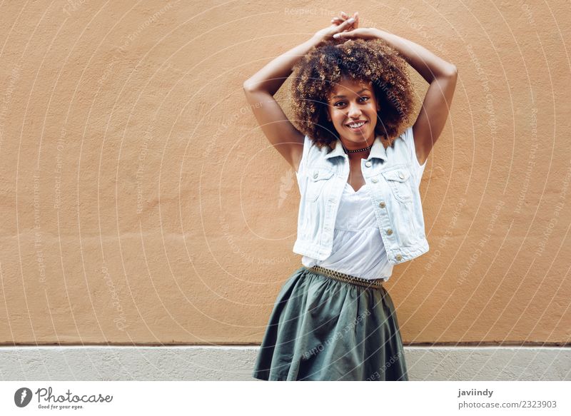 Young black woman, afro hairstyle, smiling outdoors Lifestyle Style Happy Beautiful Hair and hairstyles Face Human being Feminine Young woman