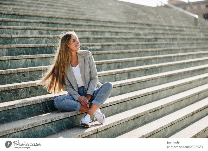 Beautiful young caucasian woman smiling in steps Lifestyle Style Happy Hair and hairstyles Human being Feminine Young woman Youth (Young adults) Woman Adults 1