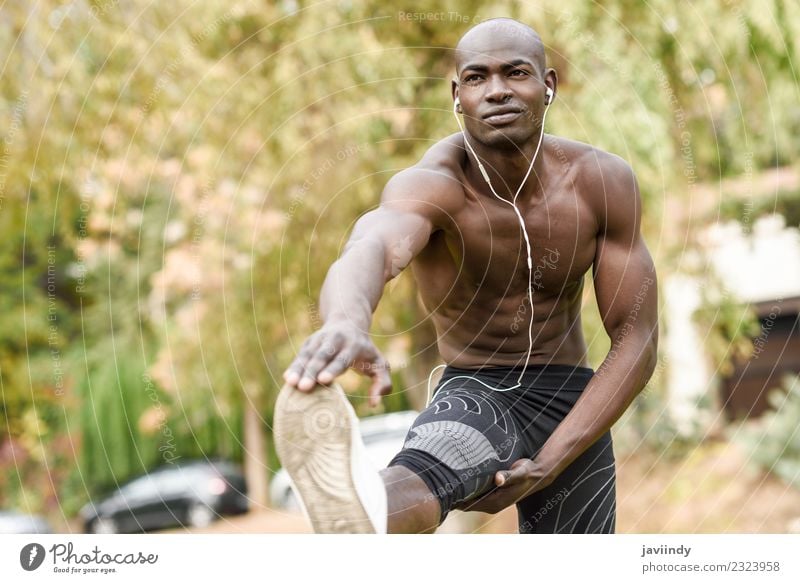 Fit shirtless young black man doing stretching Lifestyle Body Sports Human being Young man Youth (Young adults) Man Adults Chest 1 18 - 30 years Fitness