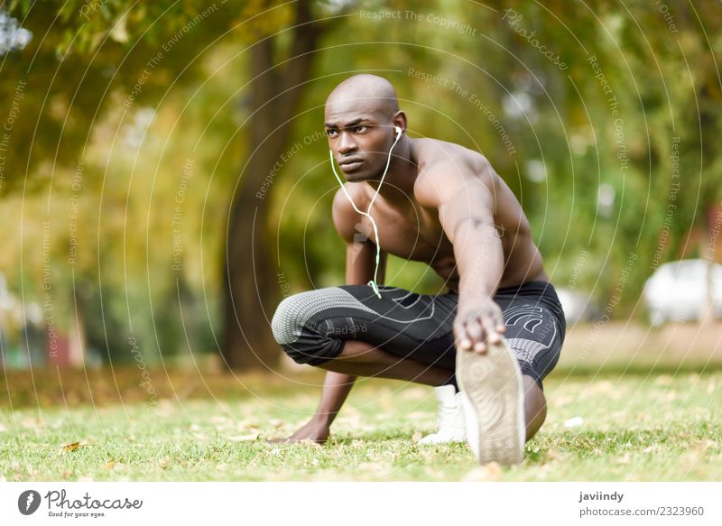 Fit shirtless young black man doing stretching Lifestyle Body Sports Human being Masculine Young man Youth (Young adults) Man Adults 1 18 - 30 years Fitness