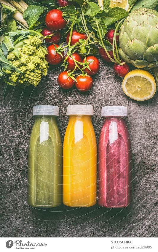 Colorful Smoothie Bottles Food Vegetable Fruit Beverage Cold drink Lemonade Juice Style Design Healthy Healthy Eating Yellow Milkshake Food photograph