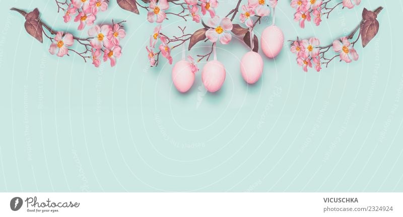 Pastel Easter background with hanging Easter eggs Style Design Feasts & Celebrations Spring Plant Flower Leaf Blossom Decoration Bouquet Sign Flag Blue Pink