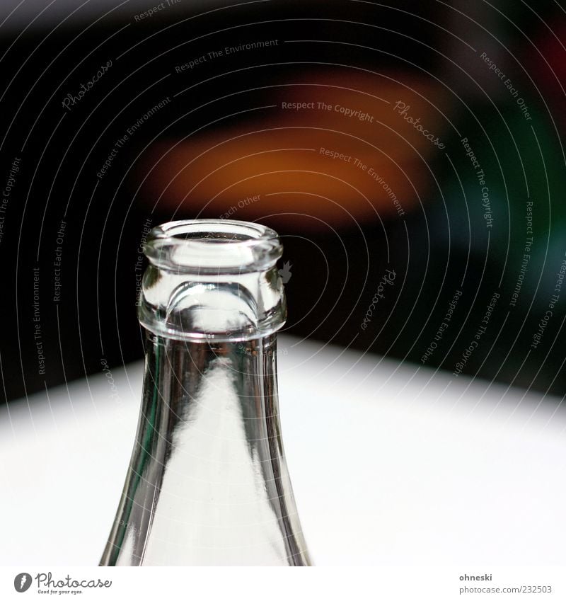 Empty bottle Beverage Cold drink Bottle Neck of a bottle Glass White Transparent Thirst Colour photo Copy Space top Light Sunlight Shallow depth of field