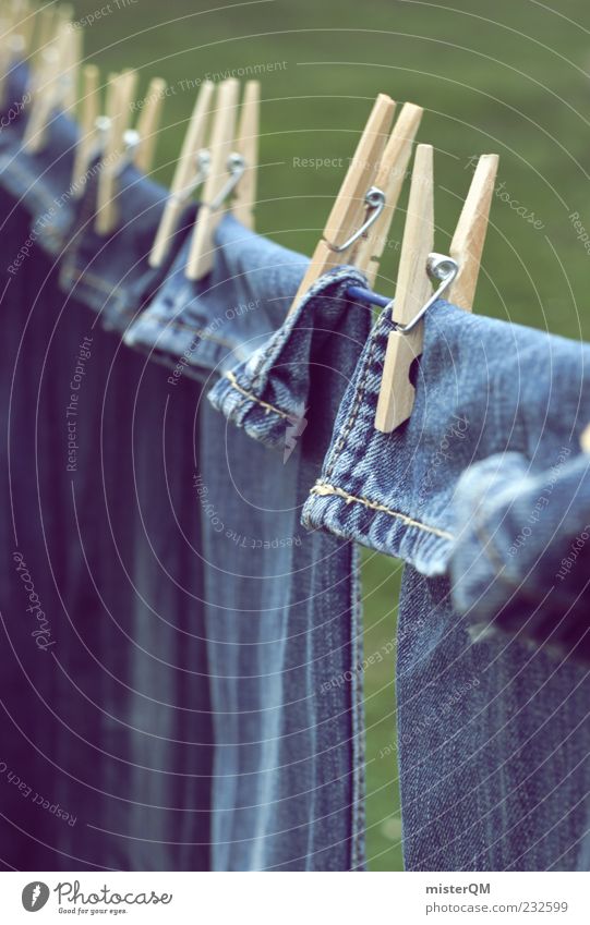 Blue jeans baby. Clothing Pants Jeans Esthetic Washing day Clothesline Clothes peg Holder Denim Denim blue Hang up Colour photo Exterior shot Close-up Detail