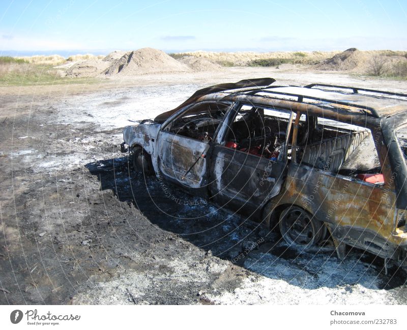 dune wreck Sky Cloudless sky Means of transport Traffic accident Vehicle Car Colour photo Exterior shot Deserted Copy Space left Copy Space top Day Light Shadow