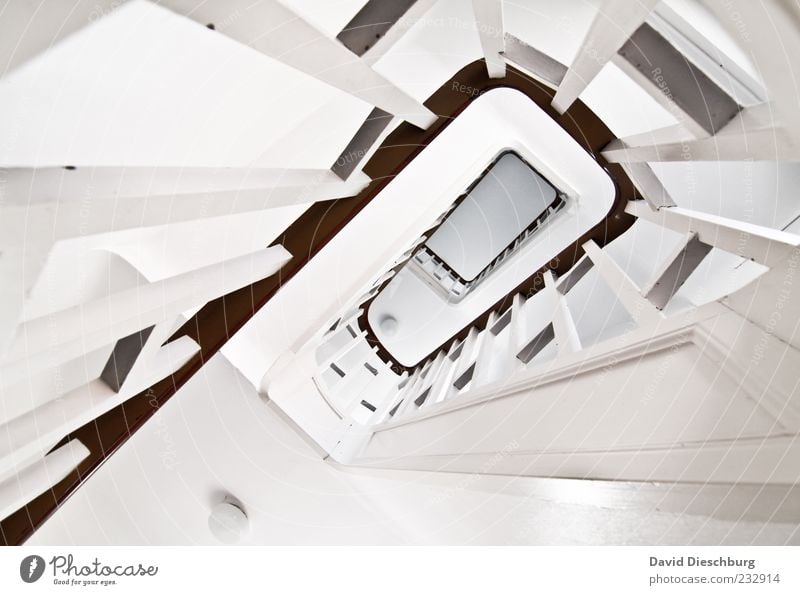 stairwell Stairs Gray White Staircase (Hallway) Handrail Wood Banister Line Spiral Go up Downward Tall Clean Pure Rectangle Canceled Depth of field Bright