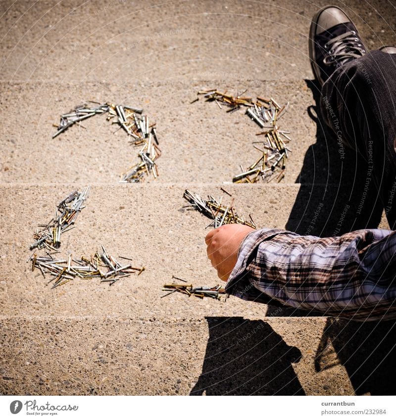 23 Concrete Puzzle Whimsical Arm Footwear Sunlight Digits and numbers Screw Colour photo Exterior shot Day Shadow Stairs Nail Arrange Chucks Checkered Shirt