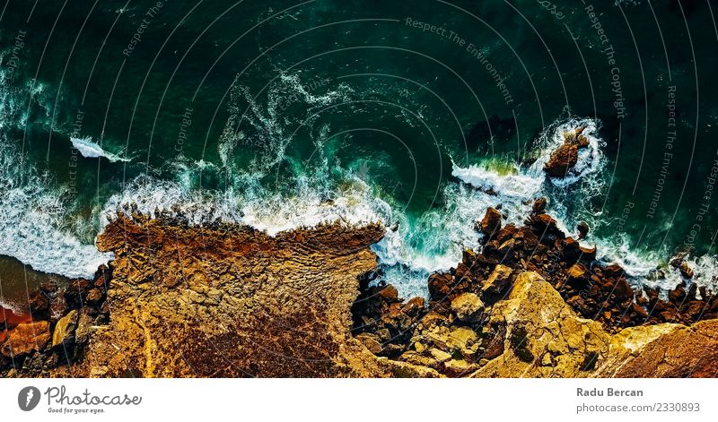 Aerial View From Flying Drone Of Ocean Waves Crushing Environment Nature Landscape Earth Sand Water Summer Beautiful weather Warmth Hill Rock Coast Beach Bay