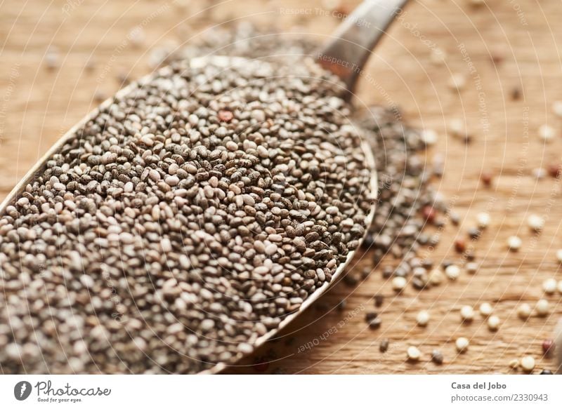 detail of chia seeds on silver spoon Food Vegetable Nutrition Eating Dinner Vegetarian diet Diet Spoon Lifestyle Healthy Healthy Eating Overweight Table Wood