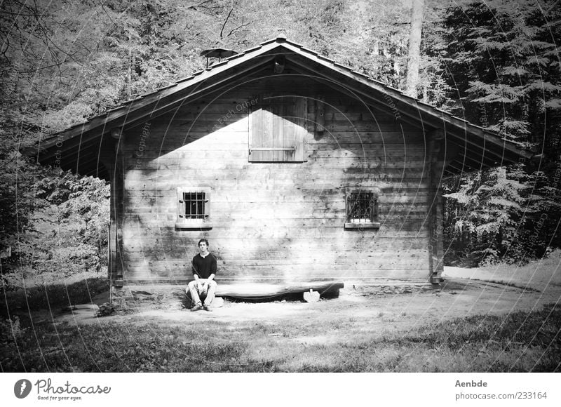 man in the woods Harmonious Relaxation Calm Meditation Trip Human being Masculine 1 Nature Landscape Plant Tree Forest Natural Hut Hillbilly Black & white photo