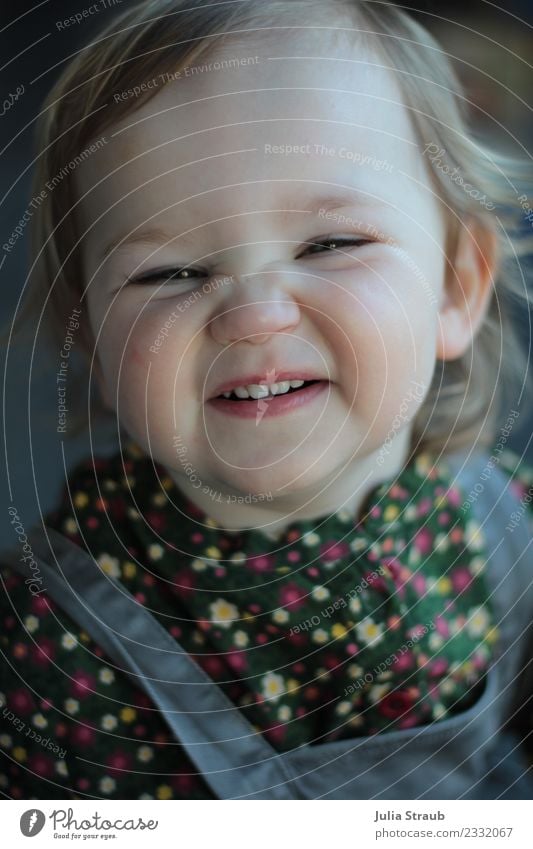 toddler girl cheeky grin Feminine Toddler Girl Infancy 1 Human being 1 - 3 years Blouse Overalls Blonde Smiling Brash Free Happiness Funny Gray Green Joy