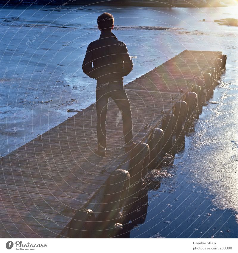 freedom. Human being Masculine Young man Youth (Young adults) Man Adults 1 Environment Nature Winter Ice Frost Lakeside Footbridge Dream Wait Cold Moody