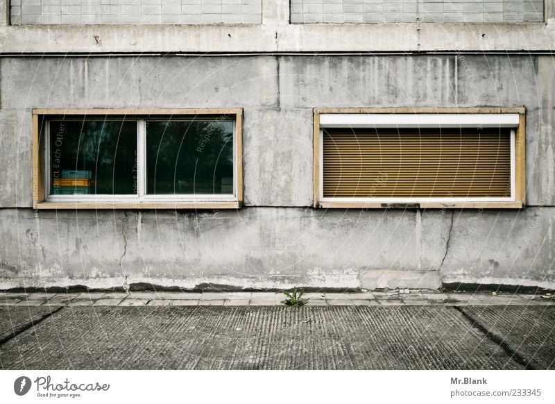 window confusion III Facade Old Derelict Decline Forget Closed Past Defective Broken Gray Window Reflection Roller shutter Concrete Colour photo Subdued colour