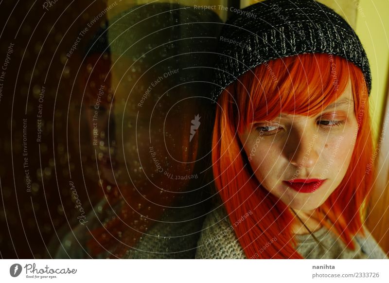 Young redhead woman near a window in a rainy day Lifestyle Style Design Beautiful Hair and hairstyles Senses Calm Human being Feminine Young woman