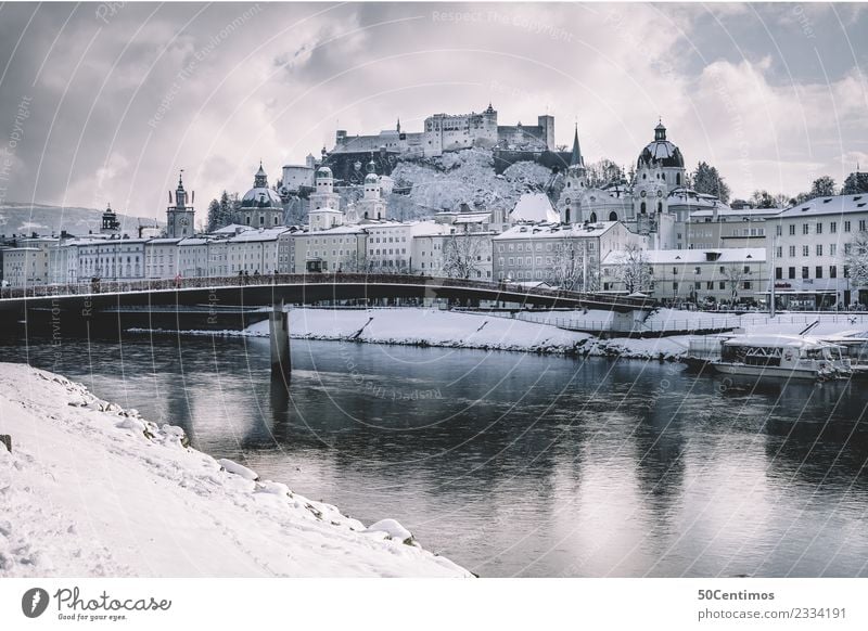 Winter atmosphere in Salzburg Salzburg Fortress Snow Clouds Salzach River Bridge Old town Colour photo Exterior shot Castle Tourism Town Landmark Sightseeing