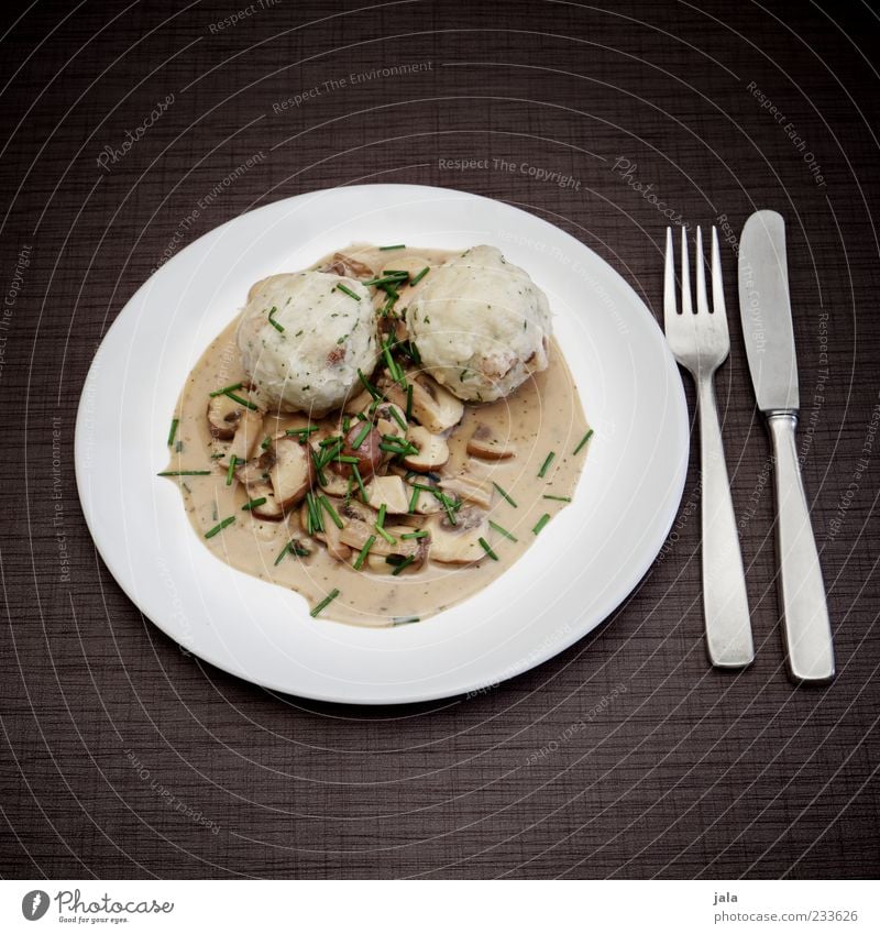 delicately Food Dumpling Sauce Mushroom Nutrition Lunch Organic produce Vegetarian diet Plate Cutlery Knives Fork Delicious Colour photo Exterior shot Deserted