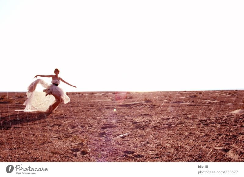 vastness Sand Dress Flying Walking Running Beach Sky Arm Easy Airy Light heartedness Fairy Dance Summer Twilight Sunset Back-light Copy Space right Full-length