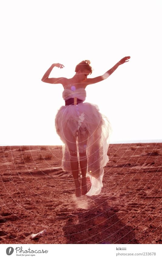 light Jump Easy Airy White Dress Tulle Belt Beach Sand Arm Blonde Horizon Blow Back-light Exterior shot Full-length Contentment Dream Fairy Beautiful Fantastic