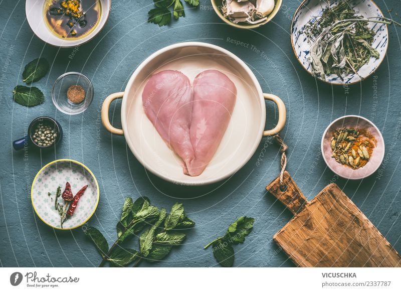 heart-shaped chicken breast with ingredients Food Meat Herbs and spices Nutrition Lunch Dinner Organic produce Diet Bowl Pot Style Design Healthy Eating Table