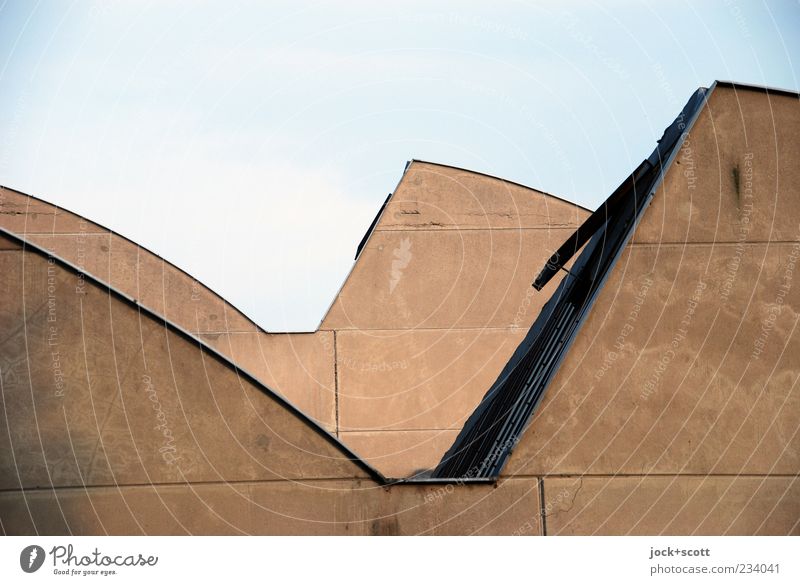 chipped roofscape of a factory building Cloudless sky Hall Hatch Concrete Simple Modern Brown Symmetry Corner Classification Tilt Architecture Silhouette Facade