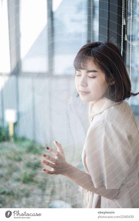 beautiful young asian girl have a happy Beverage Lifestyle Joy Happy Beautiful Face Calm Summer Business Woman Adults Park Street Smiling Natural New Cute Green