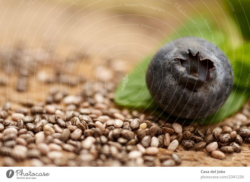 close up of blueberry with chia seeds an leaf of mint Fruit Dessert Nutrition Eating Breakfast Vegetarian diet Diet Juice Summer Table Group Nature Wood Fresh