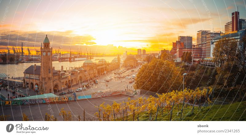 Hamburg Sunset Skyline Building Architecture Vacation & Travel City harbour river urban Transport public train autumn evening bridge cityscape Germany lights