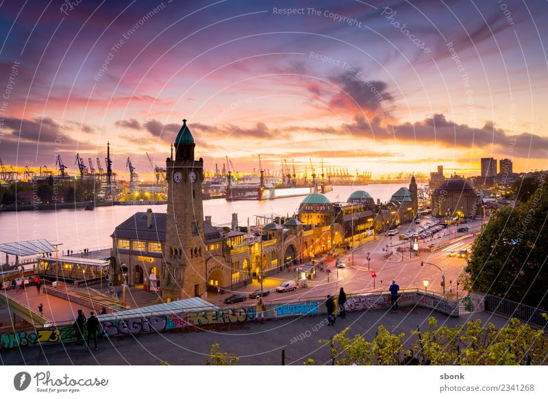 Hamburg evening skyline Town Skyline Vacation & Travel City harbour river urban Transport public train autumn bridge cityscape Germany lights scene view