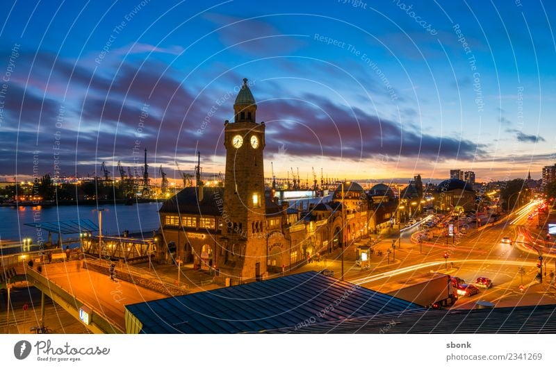 Sunset in Hamburg Town Skyline Manmade structures Building Architecture Vacation & Travel City harbour river urban Transport public train autumn evening bridge