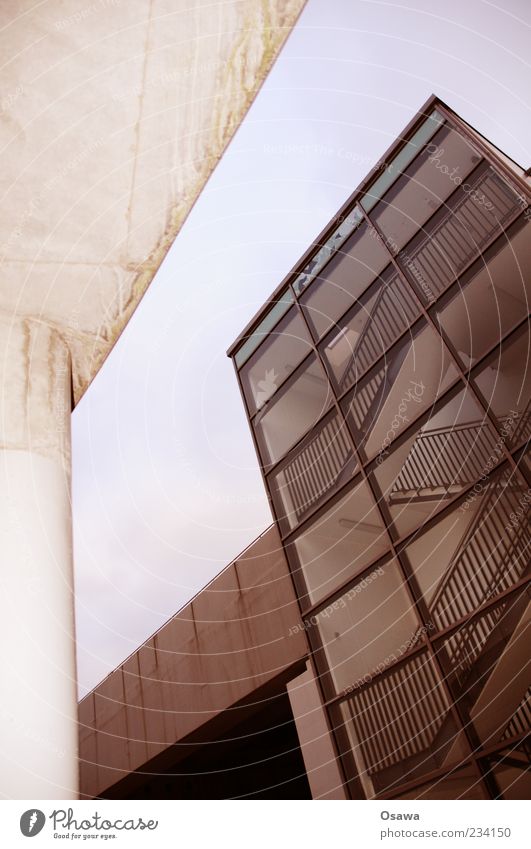 southern cross Architecture Stairs Staircase (Hallway) Banister Facade Glass Building Concrete Sky Worm's-eye view Deserted Portrait format Artificial light