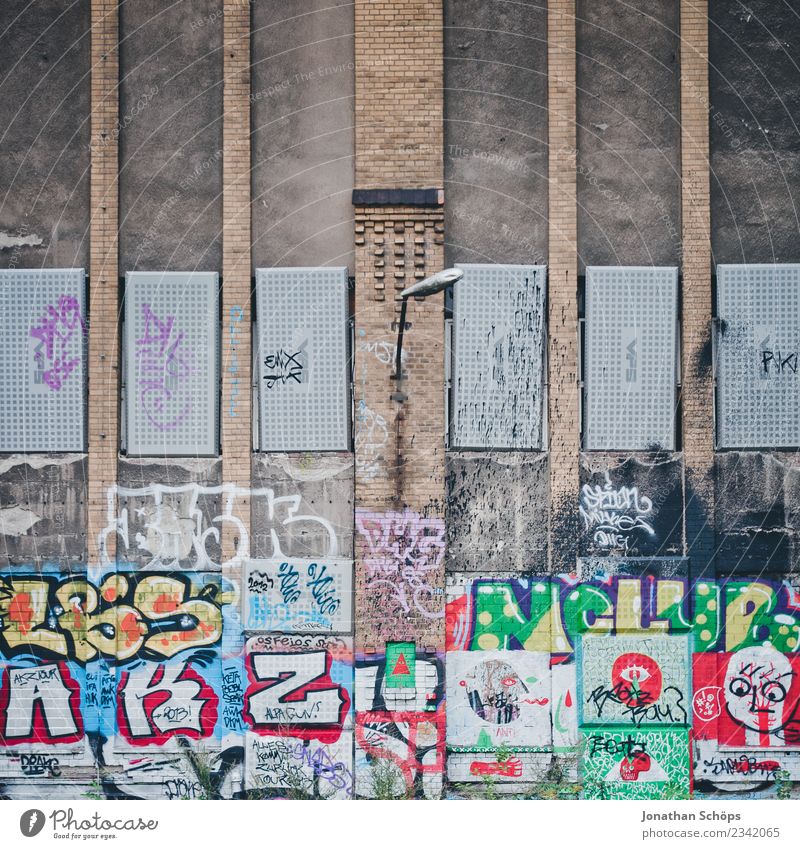 urban graffiti facade in Berlin House (Residential Structure) Factory Culture Grunge Graffiti Ruin Town City Building Wall (building) Facade Lamp Multicoloured