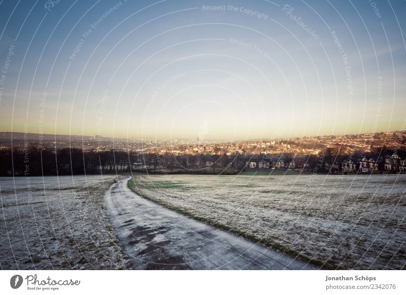 View from Meersbrook Park to Sheffield England Great Britain Outskirts Exterior shot Copy Space Sun Winter Cold Frost Spring Winter eveing Meadow Dusk Sky