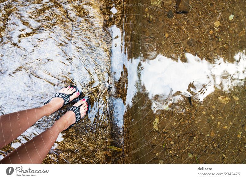 waterfall Nature Water Drops of water Waves Brook River Waterfall Flip-flops Discover Swimming & Bathing Stand Hiking Surface of water Feet Nail polish