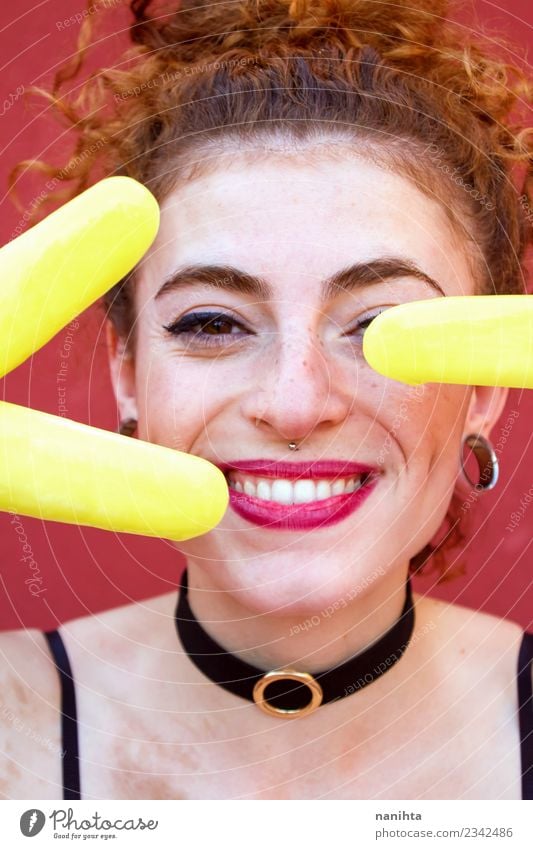 Young redhead woman portrait with three lemon ice creams Food Ice cream Eating Lifestyle Style Joy Beautiful Hair and hairstyles Skin Face Wellness Human being