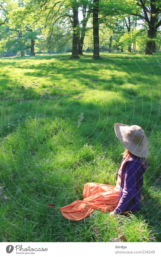 Woman with skirt and sun hat enjoys warming sun rays in park with trees Young woman Nature Spring Feminine Happy 1 Summer Beautiful weather Park Meadow