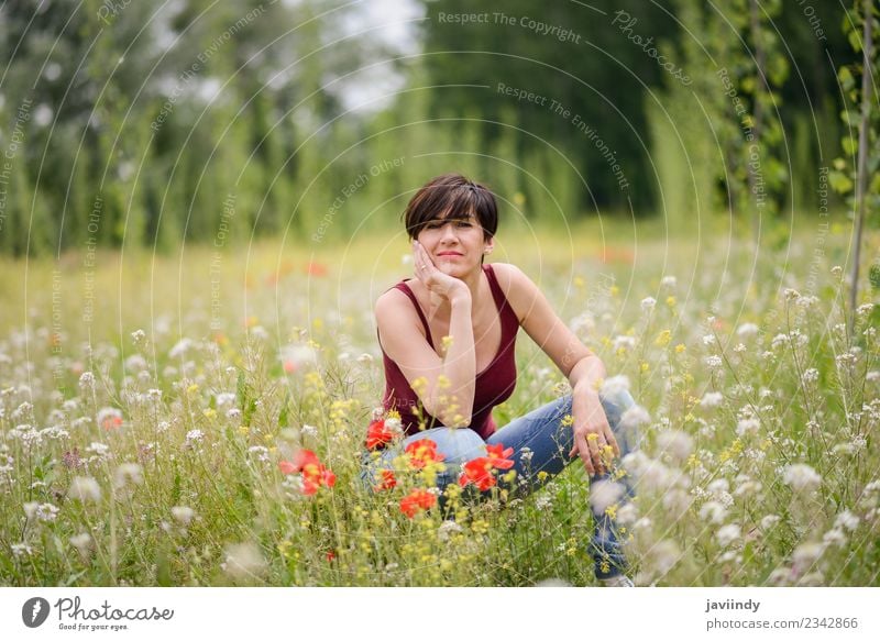 Happy woman with short hair enjoying flowered field. Lifestyle Joy Beautiful Human being Feminine Woman Adults Family & Relations Youth (Young adults) 1