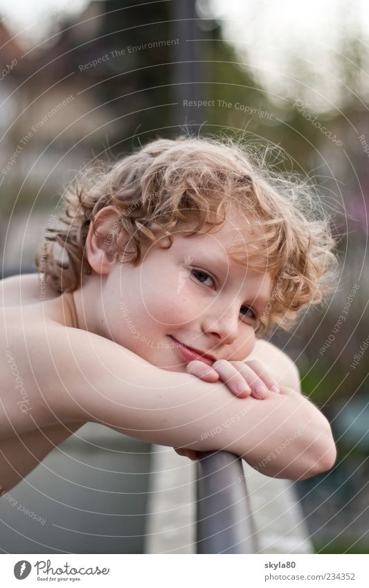 eye contact Child Blonde Boy (child) Face Hair and hairstyles Curl Looking Dreamily Meditative already Perfect smile Lean Handrail Contentment