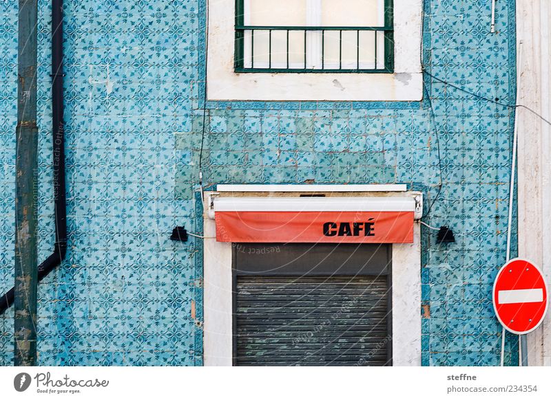 Rossi Lisbon Portugal Old town House (Residential Structure) Facade Road sign Calm Café Tile Colour photo Multicoloured Exterior shot Roller shutter Deserted