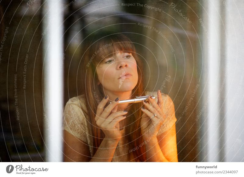 Woman with fountain pen looks out of window Human being Feminine Young woman Youth (Young adults) Adults 30 - 45 years Think Beautiful Disciplined Idea