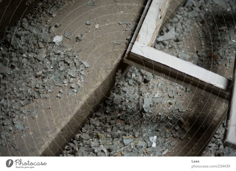 brrrkkkkn Deserted Ruin Stairs Window Old Poverty Dirty Dark Historic Broken Gray Black White Stagnating Colour photo Interior shot Close-up Copy Space left