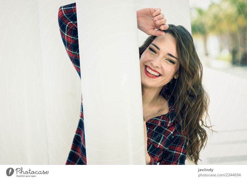 Young girl with beautiful blue eyes laughing in the street Style Happy Beautiful Summer Human being Feminine Young woman Youth (Young adults) Woman Adults 1