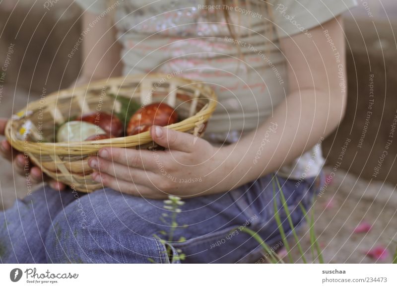 Another Easter egg? Child Girl Skin Chest Arm Hand Legs 1 Human being 3 - 8 years Infancy Sit Stop Spring Jeans T-shirt Colour photo Exterior shot Evening