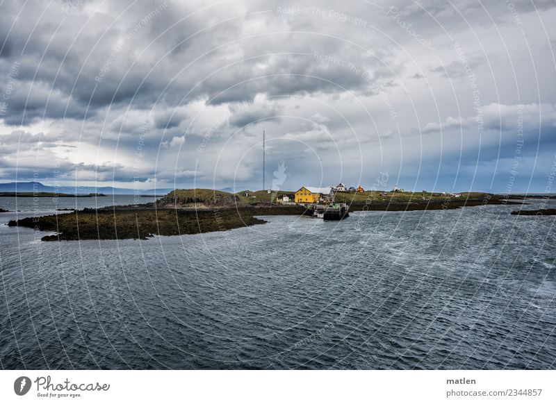 Flatey Island at low tide Nature Landscape Sky Clouds Storm clouds Horizon Spring Weather Wind Grass Hill Rock Waves Coast Ocean House (Residential Structure)