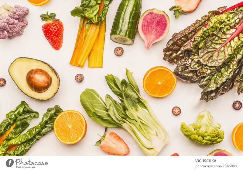 Fruit and vegetables on a white background Food Vegetable Lettuce Salad Apple Orange Nutrition Organic produce Vegetarian diet Diet Style Design Healthy