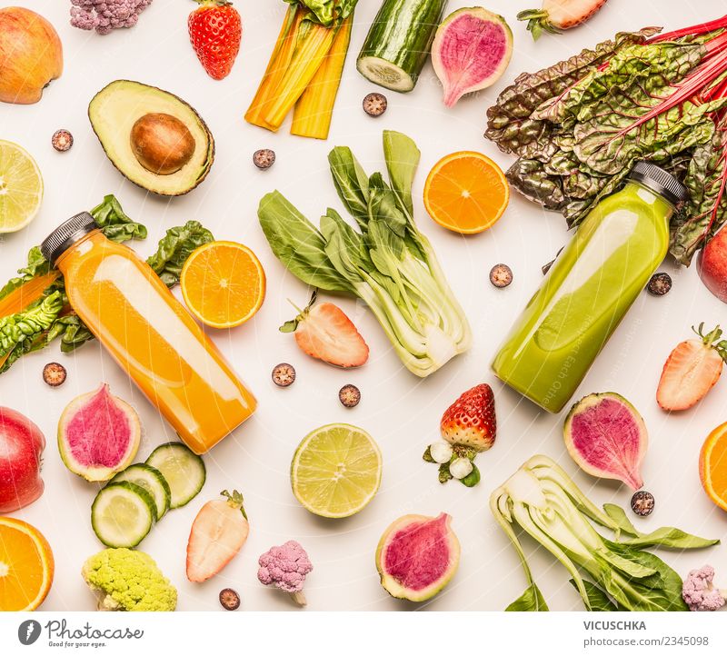 Green and yellow juice or smoothie bottles with ingredients Food Vegetable Fruit Apple Orange Nutrition Organic produce Vegetarian diet Diet Beverage Cold drink