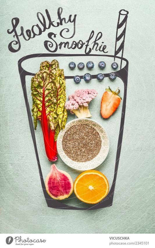 Healthy Smoothie Ingredients with Chia Seeds Vegetable Fruit Beverage Cold drink Juice Glass Style Design Healthy Eating Broccoli Vitamin Vegan diet chia Orange