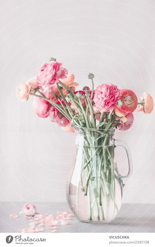 Ranunculus bundles in a glass vase Lifestyle Style Design Summer Living or residing Interior design Decoration Table Valentine's Day Nature Plant Flower Bouquet